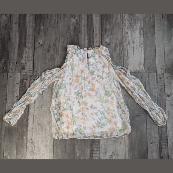 Giusy, Silk Ruffle Cold Shoulder Light Pastel Floral Silk Blouse, Sz S, ITALY - Picture 2 of 8
